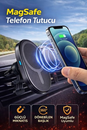Araç İçi MagSafe Telefon Tutucu Güçlü Mıknatıslı 360° Dönebilen Havalandırma Klipsli Model