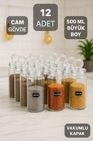 12 Adet Vakum Halka Kapaklı Büyük Boy Cam Baharatlık Seti 500 ML