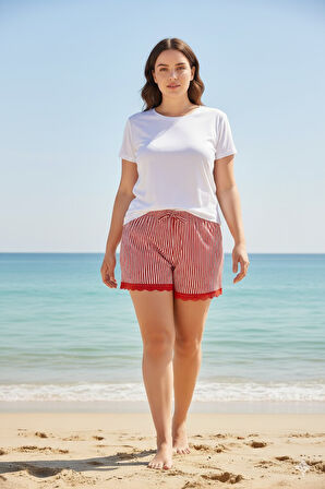 Çizgili Penye Kadın Ev Şortu Bacak Dantel Detaylı Ev Giyim Kırmızı