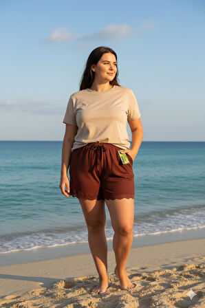 Bambu Fitilli Kadın Ev Şortu Bacak Dantel Detaylı Ev Giyim Koyu Taba