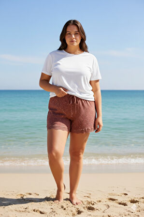 Düz Renk Mini Çiçek Desenli Penye Kadın Ev Şortu Bacak Dantel Detaylı Ev Giyim Taba