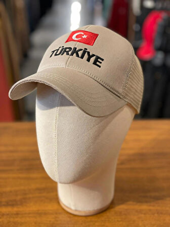 Türkiye Bayrak Nakışlı Unisex Bej Renk Pamuklu Fileli Cap Şapka