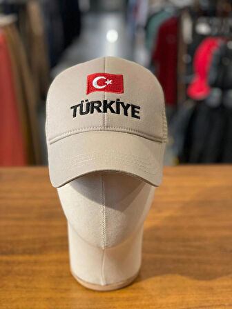 Türkiye Bayrak Nakışlı Unisex Bej Renk Pamuklu Fileli Cap Şapka