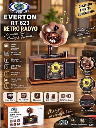 RT-623 Nostalji Radyo Fm-Usb-Tf-Aux 1800Mah Retro GRAMAFON RADYO 