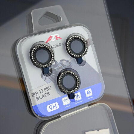 iPhone 13 Pro Uyumlu Kamera Lens Koruyucu – Siyah Taşlı (Black)