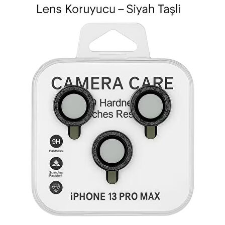 iPhone 13 Pro Max Kamera Lens Koruyucu – Siyah Taşlı (3’lü Set)