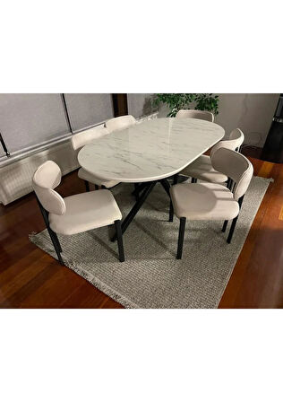  Hobi Beyaz Mermer Görünümlü  Oval Masa  6 Sandalye 