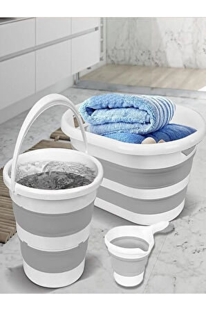3'lü Set Katlanabilir Çamaşır Sepeti - Su Kovası ve Maşrapa