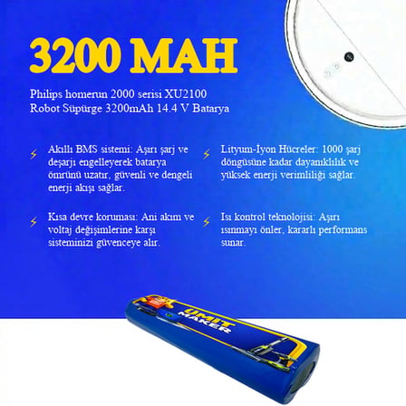 Philips homerun 2000 serisi XU2100 Robot Süpürge 3200mAh 14.4 V Batarya – Orjinal Uyumlu Uzun Ömürlü, Yüksek Performans Pil