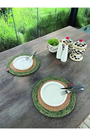 2 Kişilik Yuvarlak Amerikan Servis - Supla Naturel-Yeşil 33x33 Cm