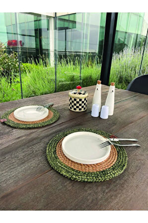 2 Kişilik Yuvarlak Amerikan Servis - Supla Naturel-Yeşil 33x33 Cm
