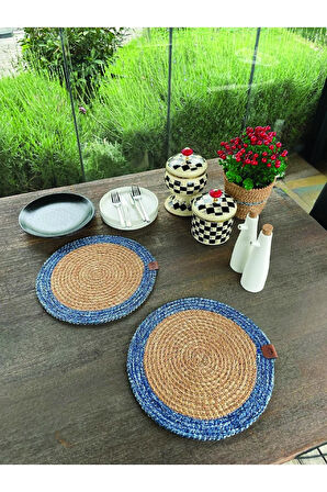 2 Kişilik Yuvarlak Amerikan Servis - Supla Naturel-Mavi 33x33 Cm