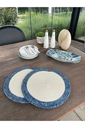 2 Kişilik Yuvarlak Amerikan Servis Leke Tutmaz - Supla Mavi/Beyaz 33x33 Cm