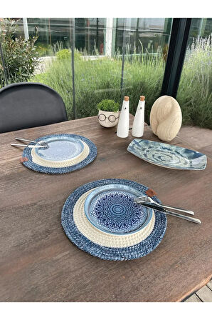 2 Kişilik Yuvarlak Amerikan Servis Leke Tutmaz - Supla Mavi/Beyaz 33x33 Cm