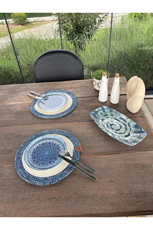 2 Kişilik Yuvarlak Amerikan Servis Leke Tutmaz - Supla Mavi/Beyaz 33x33 Cm