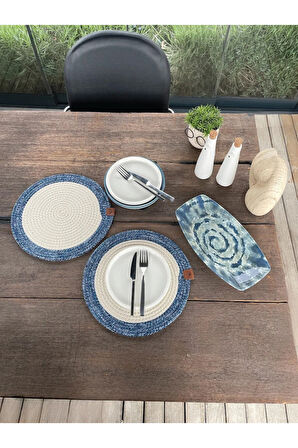 2 Kişilik Yuvarlak Amerikan Servis Leke Tutmaz - Supla Mavi/Beyaz 33x33 Cm