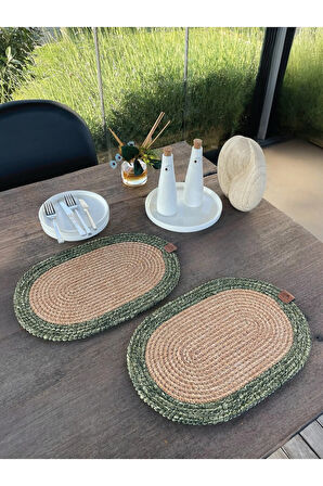 Bohem Tarz 2’li Doğal İp Amerikan Servis – Hasır Görünümlü, Leke Tutmaz, Naturel-Yeşil (40x28 Cm)