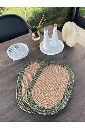Bohem Tarz 2’li Doğal İp Amerikan Servis – Hasır Görünümlü, Leke Tutmaz, Naturel-Yeşil (40x28 Cm)