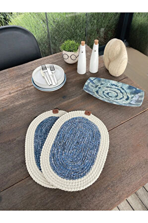 Bohem Tarz 2’li Doğal İp Amerikan Servis – Hasır Görünümlü, Leke Tutmaz, Beyaz-Mavi (40x28 Cm)