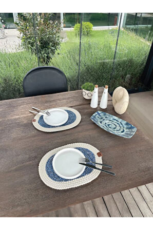 Bohem Tarz 2’li Doğal İp Amerikan Servis – Hasır Görünümlü, Leke Tutmaz, Beyaz-Mavi (40x28 Cm)