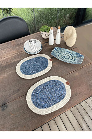 Bohem Tarz 2’li Doğal İp Amerikan Servis – Hasır Görünümlü, Leke Tutmaz, Beyaz-Mavi (40x28 Cm)