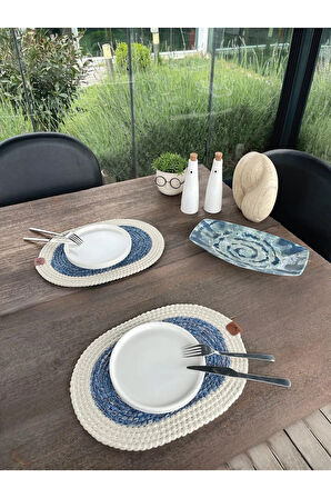 Bohem Tarz 2’li Doğal İp Amerikan Servis – Hasır Görünümlü, Leke Tutmaz, Beyaz-Mavi (40x28 Cm)