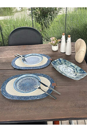 Bohem Tarz 2’li Doğal İp Amerikan Servis – Hasır Görünümlü, Leke Tutmaz, Mavi/Beyaz (40x28 Cm)