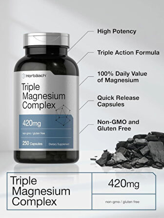 Horbäach Triple Magnesium(Magnezyum) Complex 420 mg 250 Caps Gluten Free Magnesium Oxide, Citrate