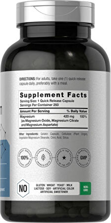 Horbäach Triple Magnesium(Magnezyum) Complex 420 mg 250 Caps Gluten Free Magnesium Oxide, Citrate