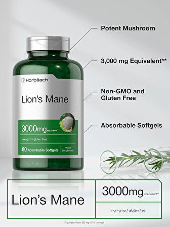 Horbäach Lions Mane Mushroom 3000mg 80 Absorbable Softgels