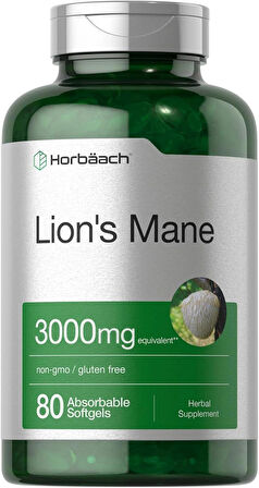 Horbäach Lions Mane Mushroom 3000mg 80 Absorbable Softgels