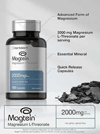 Horbaach Magtein Magnesium(Magnezyum) L-Threonate Treonat  2000mg 100 Caps Men Women Gluten Free