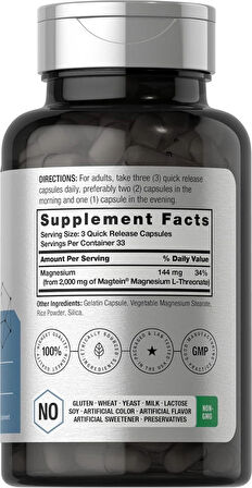 Horbaach Magtein Magnesium(Magnezyum) L-Threonate Treonat  2000mg 100 Caps Men Women Gluten Free