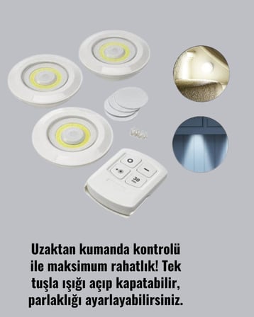 Uzaktan Kumandalı 3 Lü Kablosuz Led Spot Lamba Seti Yapışkanlı Pratik Kullanım