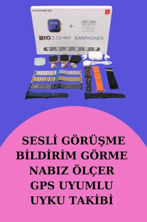 Akıllı Saat Bluetooth Kulaklık Hediyeli Bildirim Görme Sesli Görüşme Çoklu Kordon