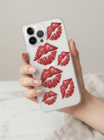 iPhone 14 Pro Max Kırmızı Dudak / Öpücük Desenli Şeffaf Telefon Kılıfı