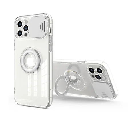 Ally iPhone 13 Pro 6.1inç Kılıf Sürgülü Kamera Lens Korumalı Yüzük Standlı Silikon Kılıf-(5775)