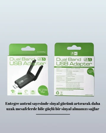 Yüksek Hızlı 1200 Mbps Çift Bant USB WiFi Adaptör – Güçlü Sinyal Geniş Uyumluluk