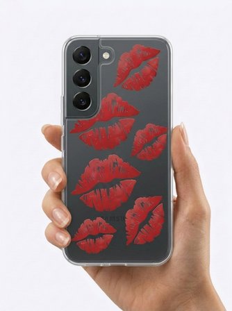 Samsung Galaxy S22 Kırmızı Dudak / Öpücük Desenli Şeffaf Telefon Kılıfı
