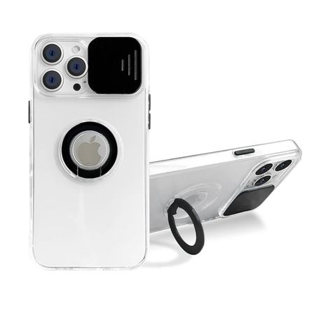 Ally iPhone 12 Pro Max Kılıf Sürgülü Kamera Lens Korumalı Yüzük Standlı Silikon Kılıf-(5775)