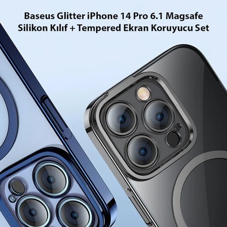 Baseus Glitter iPhone 14 Pro 6.1 Magsafe Silikon Kılıf + Tempered Ekran Koruyucu Set-(5775)