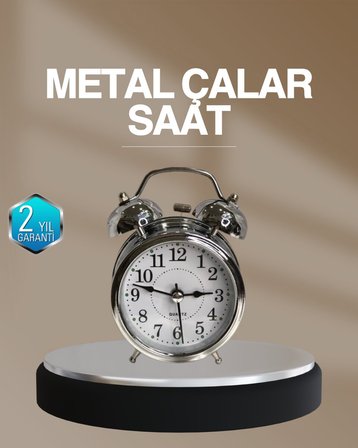 Dekoratif Yuvarlak Gümüş Sessiz Işıklı Masa Üstü Çalar Saat Alarmlı ve Şık Tasarım