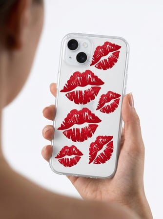 İphone 15 Kırmızı Dudak / Öpücük Desenli Şeffaf Telefon Kılıfı
