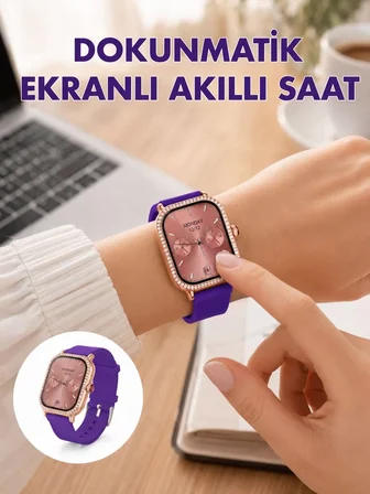 Pembe Mor ve Metal Kordonlu Akıllı Saat Hediye Seti