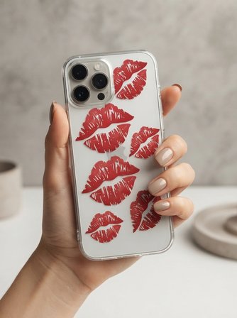iPhone 15 Pro Max Kırmızı Dudak / Öpücük Desenli Şeffaf Telefon Kılıfı