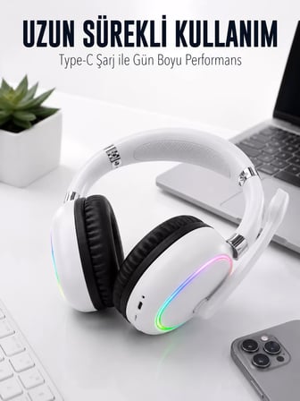 Beyaz Bluetooth 5.0 Mikrofonlu Kablosuz Kulak Üstü Kulaklık RGB Işıklı Type-C Şarjlı