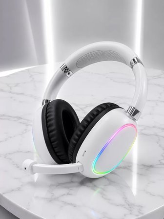 Beyaz Bluetooth 5.0 Mikrofonlu Kablosuz Kulak Üstü Kulaklık RGB Işıklı Type-C Şarjlı