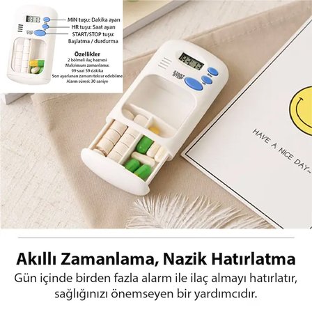 Ezere Elektronik Akıllı Zamanlayıcılı Taşınabilir Hap İlaç Kutusu - BPA İçermez-(5775)