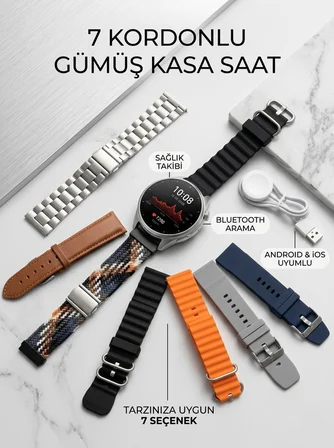 Gümüş Kasa Akıllı Saat - 6 Yedek Kordon Hediyeli
