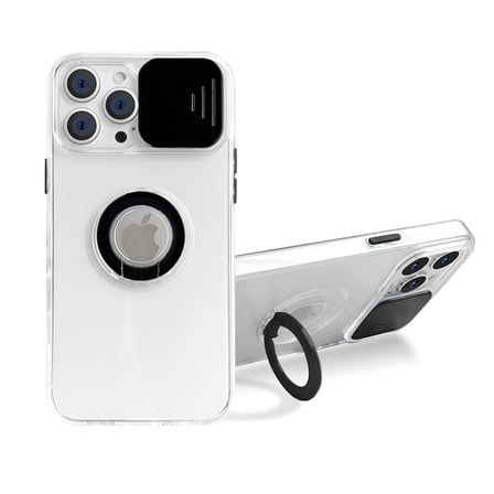 Ally iPhone 12 Pro Max Kılıf Sürgülü Kamera Lens Korumalı Yüzük Standlı Silikon Kılıf-(5775)